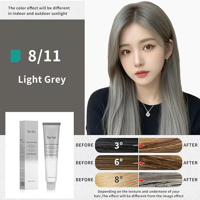PureStyle 100ml Professional Permanent Hair Color Dye Cream Ammonia Free, Long Lasting Light Grey Color, Natural Shine, For All Hair Types Easy At Home Application