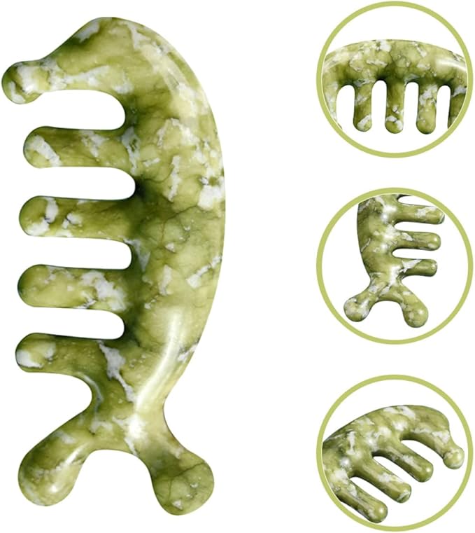 TIDTALEO Jade Craft Massage Comb Tool 3D Fish-Shaped Scalp Massager with Gua Sha Function Light Green Jade for Head, Body, and Facial Acupressure Relaxation