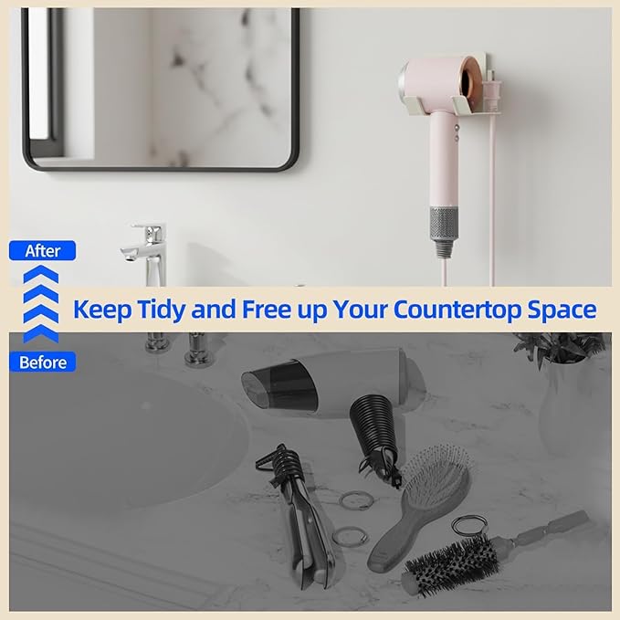 Hair Dryer Holder, Blow Dryer Holder Wall Mounted Hair Tool Organizer Self Adhesive Hair Dryer Holder Wall Mount, Compatible for Hair Dryer Holder for Bathroom White PTALSEAW