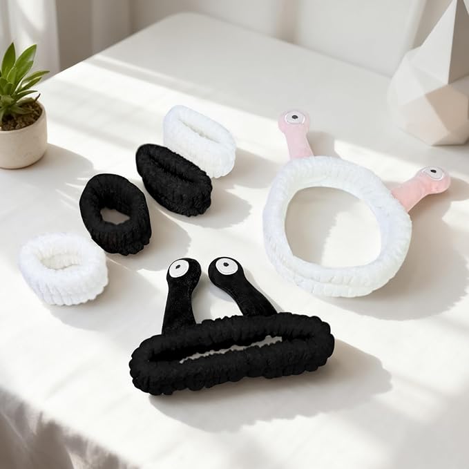 Snail Face Wash Headband Skincare & Wrist Bands for Washing Face Set Cute Spa Headband for Women and Wrist Faces Wash Bands for Shower, Facial Cleaning, Soft Coral Fleece Makeup Headbands,Black&White
