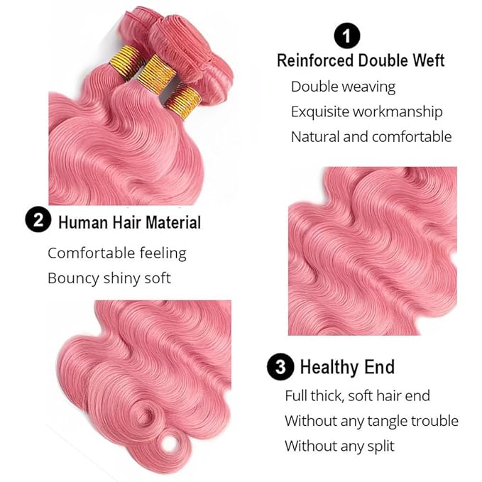 28 30 32 Inch Light Pink Human Hair Bundles Pink Body Wave Bundles Niegmeag Virgin Soft and Skily Remy Hair Extensions Double Weft Light Rose Bundle
