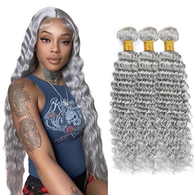 28 30 32 Inch Grey Bundles Human Hair Silver Deep Wave Bundles Niegmeag Brazilian Virgin Remy Hair Extensions Double Weft Soft And Silky Gray Deep Wave Bundle
