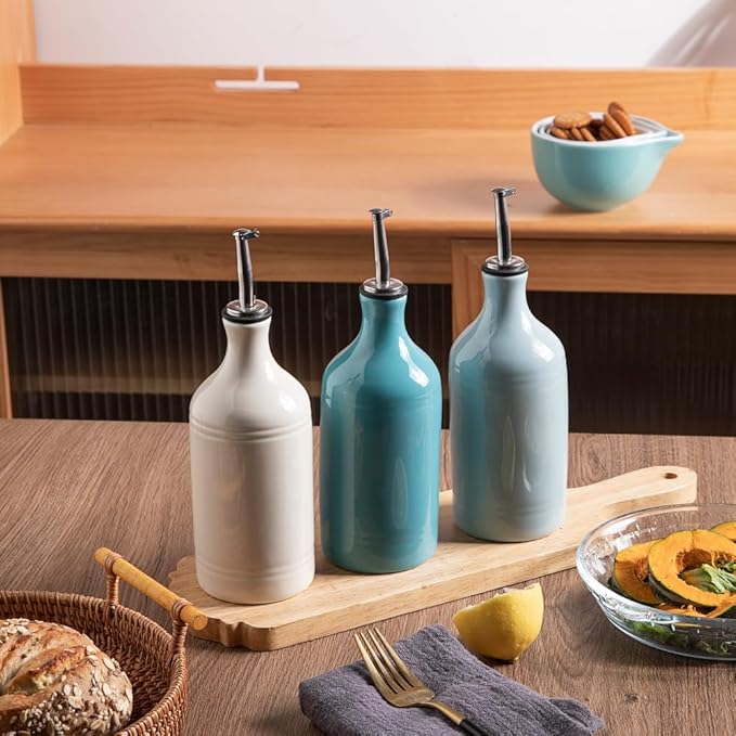 Sweejar Ceramic Olive Oil Dispenser Bottle, Opaque Oil Cruet Protects Oil to Reduce Oxidation, Suitable for Storage Oil, Vinegar, Coffee Syrups & Other Liquids, Pack of 1, 15.5 Fl Oz (Light Blue)
