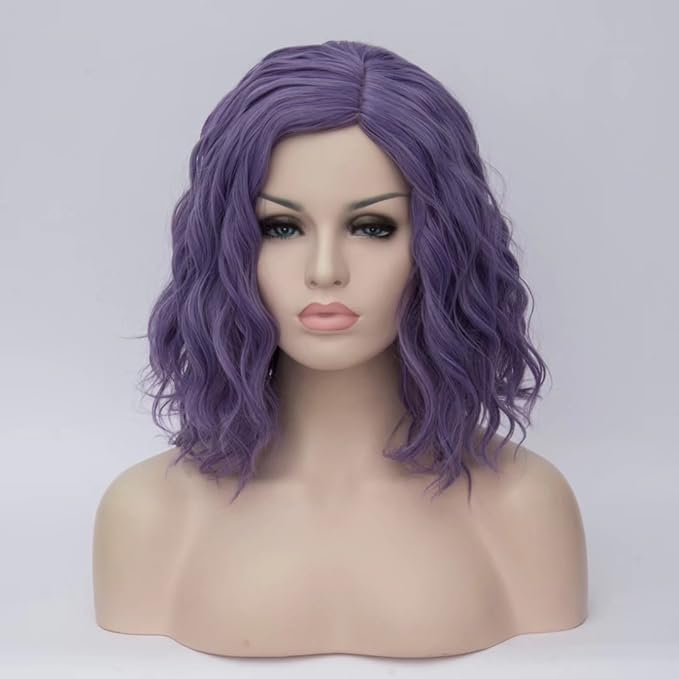 BUFASHION 14" Women Short Dark Purple Kinky Straight Cosplay Synthetic Wigs With Air Bangs 46 Colors Available (Dark Purple)