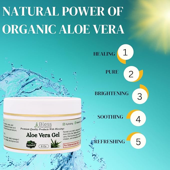 Bless International-Organic-Aloe-Vera-Gel 96%-Pure-Freshly-Made-Within-12-Hours-Of-Harvest Perfect-For-Face-Body-Scalp-&-Hair-Hydration Soothing-Moisturizer-For-Sunburn-And-After-Sun-Care-8-oz