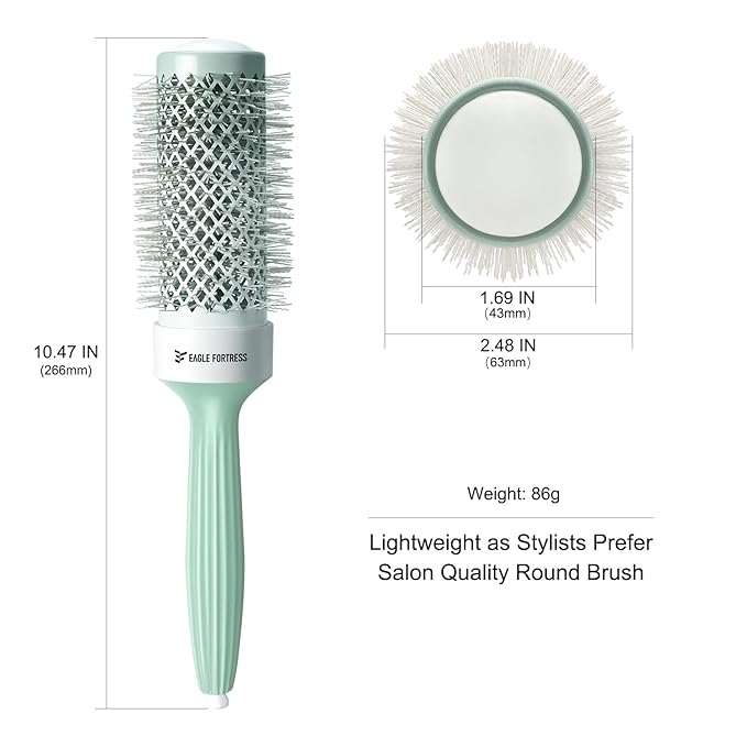 Eagle Fortress Round Brush for Blow Out, Thermal Ceramic Hair Brush for Blow Drying with Ionic Bristle for Professional Blowout Brushing - Green, 43mm