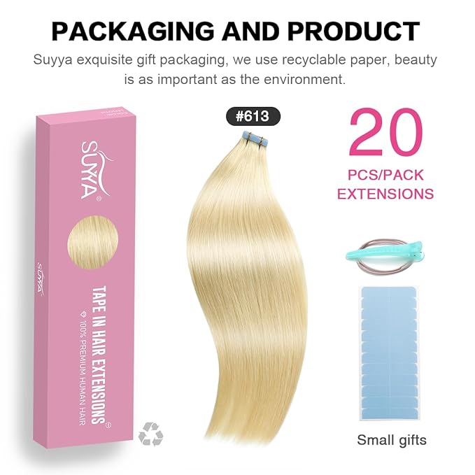 SUYYA Tape in Hair Extensions Remy Human Hair 18 inches 50g/pack 20pcs Straight Seamless Skin Weft Tape Hair Extensions(18 inches #613 Bleach Blonde)