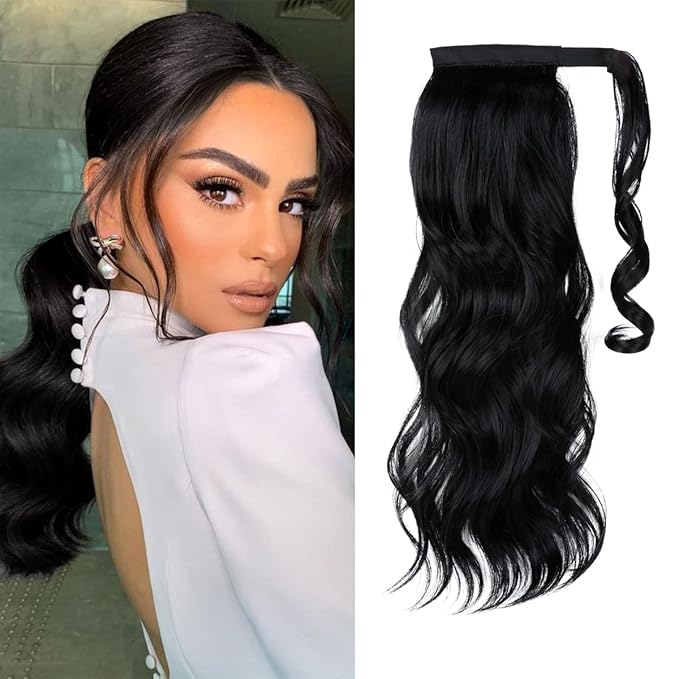 CJL HAIR 18" Long Ponytail Hair Extension Wrap Around Pony Tail Clip in Curly Wavy Synthetic Fake Hairpiece for Women Jet Black
