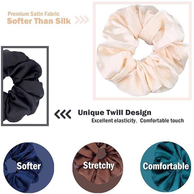 IVARYSS Big Scrunchies for Women Thick Hair, Premium Satin Softer than Silk, XL 6 Inch Extra Large Scrunchy Elastic Hair Bands Accessories, 6 Pack, Multi