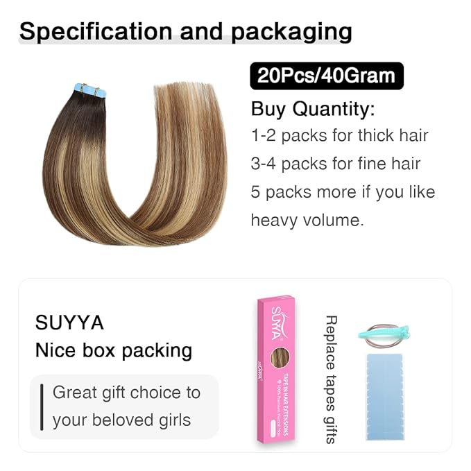 SUYYA Tape in Hair Extensions Human Hair Balayage Darkest Brown to Chestnut Brown and Light Blonde 14In 40g/pack 20pcs Straight Seamless Skin Weft Tape in Real Human Hair Extensions(14inch #P6/16/T2)