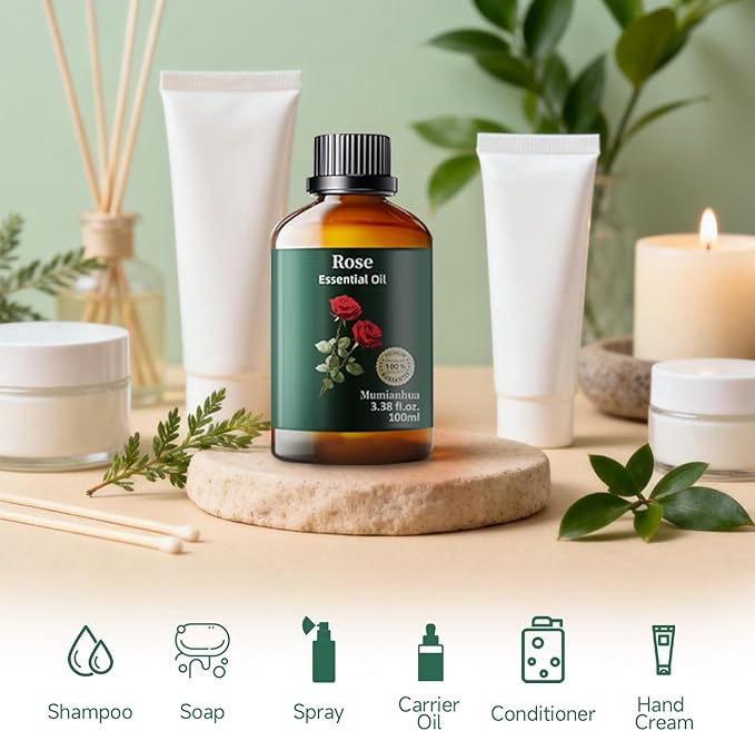 Pure Rose Essential Oil for Reed Diffuser, Aromatherapy, Skin, Hair, Evening Relaxation &Pillow Mist, Mumianhua Natural Floral Aroma for Bedtime Serenity, Calming Blends, Soap Candle Making 3.38 Fl Oz