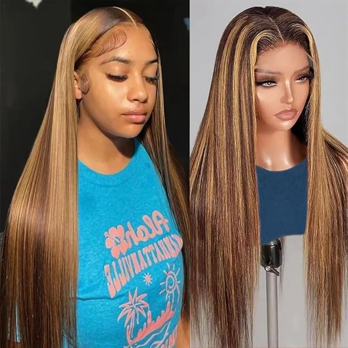 13x6 Ombre Lace Front Wigs Human Hair for Women 180 Density 4/27 Highlight Colored HD Transparent 26 Inch Straight Lace Front Wig Human Hair Pre Plucked Glueless Lace Frontal Wigs
