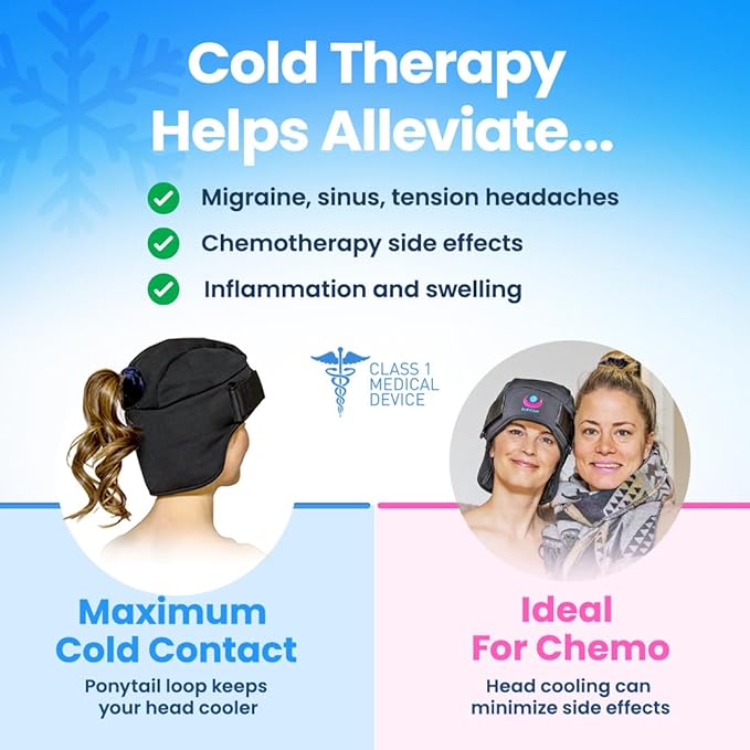Cold Cap for Migraine Relief & Chemo, Longer Lasting Cold Swappable Gel Packs, Adjustable Compression, Class 1 Medical Device for Scalp, Concussion Relief, Chemo. Fitted Sizes, Machine Washable