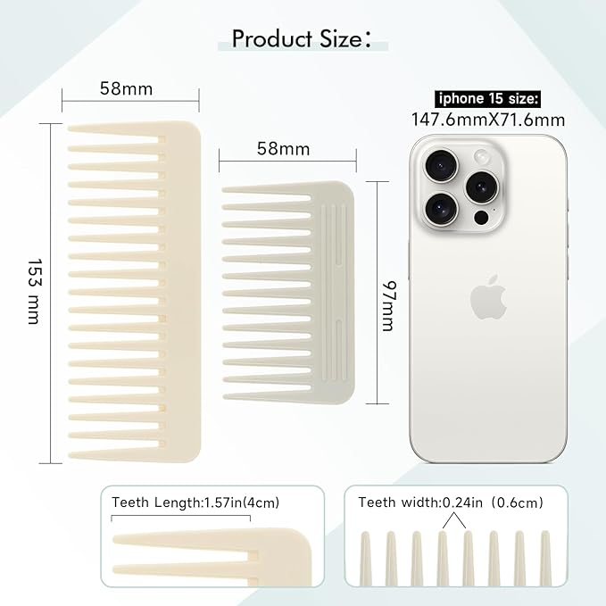 One large, one small, two-piece Wide Tooth Comb，No Handle Detangler Accessories，Large Hair Detangling Comb for Curly, Straight,Wet Dry Hair（Creamy Beige,Light Gray）