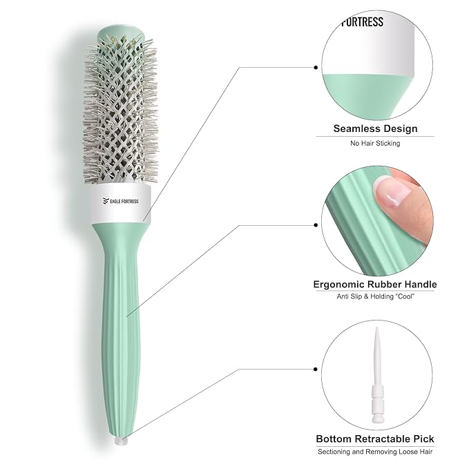 Eagle Fortress Round Brush for Blow Out, Thermal Ceramic Hair Brush for Blow Drying with Ionic Bristle for Professional Blowout Brushing - Green, 32mm