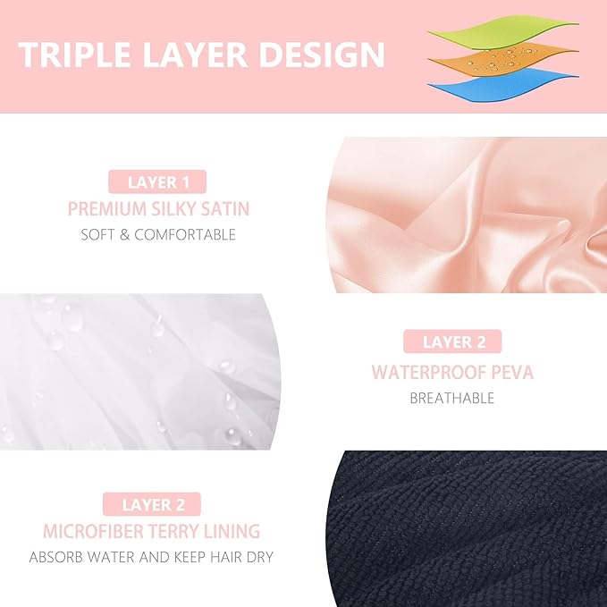Aquior Shower Cap,Shower Cap for Women Reusable, Triple Layer Waterproof Bath Cap,Silky Satin Outer Layer Terry Lining, Extra Large for Women Long Hair(Champagne)
