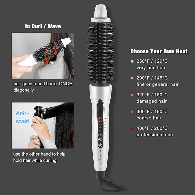 MIRACOMB Professional Hair Curler Straightening Brush | Ceramic Heated Round Brush | 1" Comb Flat Iron Straightener | Anti-Frizz Curl Wand Iron Roller with 5 Heat Settings, Cool Touch, Auto off, White