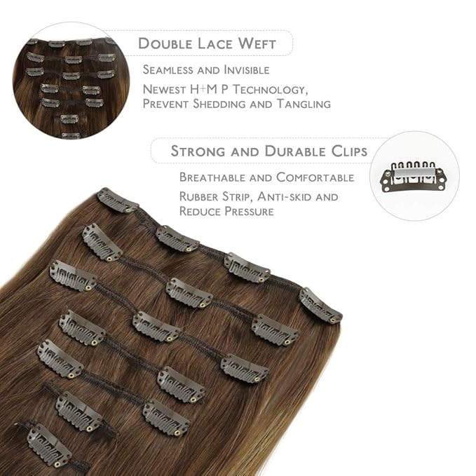 WENNALIFE Clip in Hair Extensions Real Human Hair, 18 Inch 120g 7pcs Balayage Chocolate Brown to Caramel Blonde Hair Extensions Clip in Human Hair Remy Clip in Hair Extensions Real Human Hair