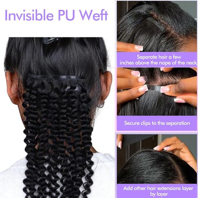 Seamless 3C 4A Kinky Curly Clip In Extension PU Weft Curly Clip in Extension Human Hair Clip Ins Full Head for Black Women Brazilian Remy Human Hair Natural Color 8Pcs with18clips 120g/Set (16 inch)