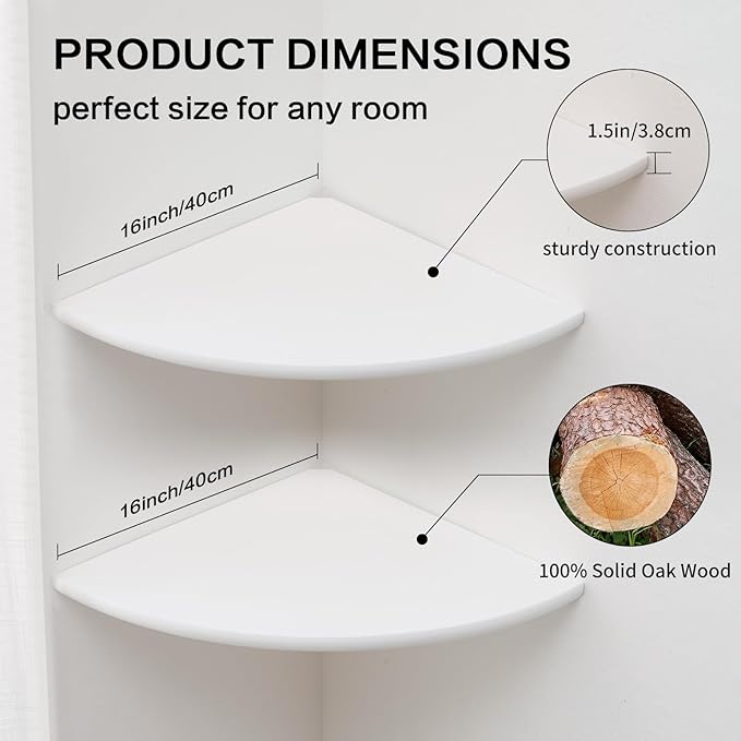 Corner Wall Shelves, White Floating Corner Shelf, Set of 2 16inch Solid Oak Wood Shelves, Round End Wall Mount Display Shelf with Wire Hole for Small Plant for Bedroom Kitchen, Living Room