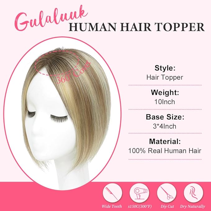 Hair Toppers for Women Real Human Hair Topper for Women with No Bangs Hairpieces Comfortable and Breathable 10 Inch Swiss Base 3D 360°Cover (Ombre Light Brown with Blond Highlight, 10 Inch-3D-Side)