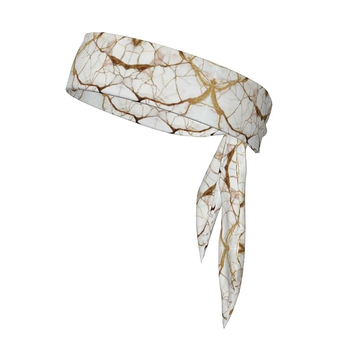 Men's Women Fashion Sports Sweatband Hand Decor for Running Fitness Spa, Long Multifunction Gold Marble Texture White Head Ribbon Headwear