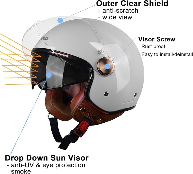 Open Face Motorcycle Helmet for Adults, DOT Approved,3/4 Retro Vespa Helmet, Dual Visors Men's and Women's Motorbike Casco for Moped Cruiser Bobber and Chopper