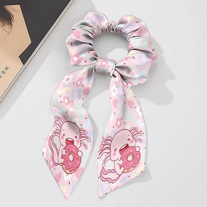 Cute Axolotl Yoga Hair Scrunchies with Ribbon Womens Soft Elastic Bow Hair Ties Long Hair Scrunchy Aesthetic Accessory No Damage 2 Piece
