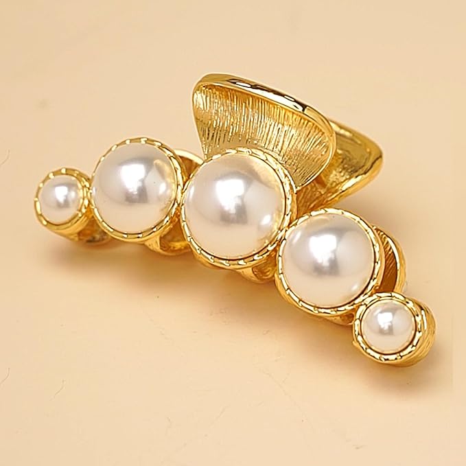SHE'S FREE STYLE JUST FOR YOU Baroque Pearl Hair Claw Clip, Vintage Golden Claw, 2.6 Inch Medium Size, French Style Hair Accessory for a Classic, Elegant Look
