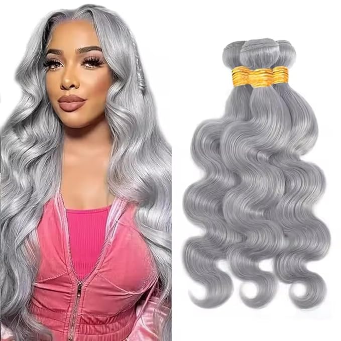 Silver Bundle Human Hair Grey Body Wave Bundles Niegmeag Brazilian Virgin Remy Hair 3 Bundles 24 26 28 Inch Double Weft Soft And Silky Gray Body Wave Bundle
