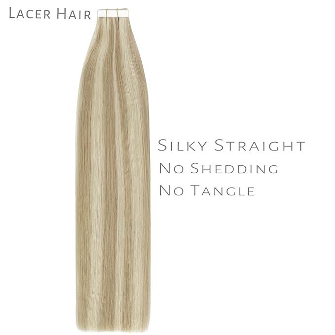 Lacer Hair Extensions Tape in Natural Highlight Skin Weft Real Virgin Hair Highlight Ash Blonde Mixed Light Blonde Color Double Side Remy Tape in Human Hair Extensions 50g 20pcs 22 Inch