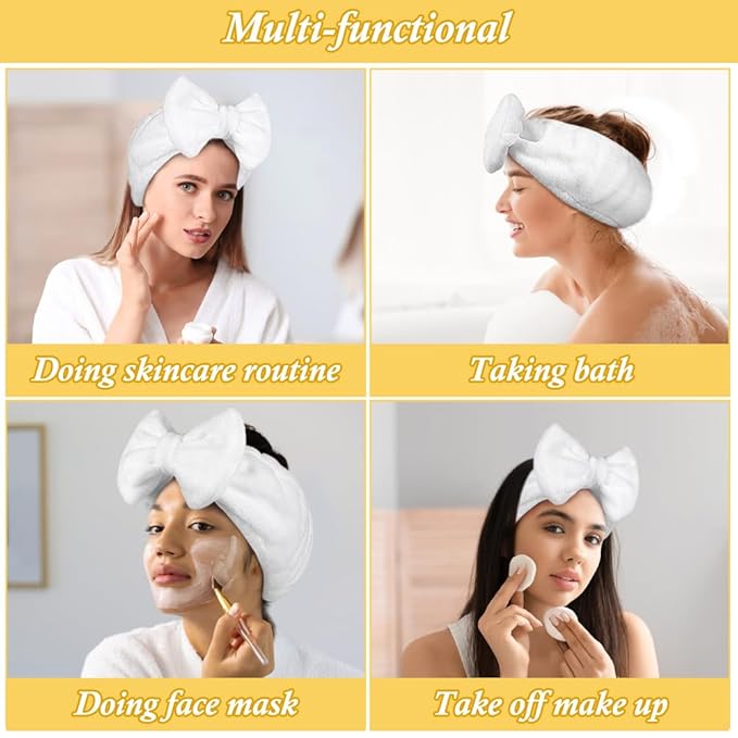 Shintop Skincare Headband, Soft Spa Headband Makeup Headwear with Cute Bow Elastic Hairband for Washing Face Facial Mask Showers（White）