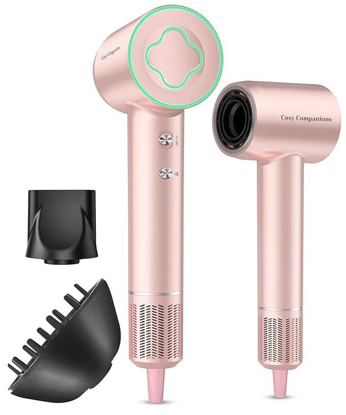 Cosy Companions Hair Dryer - 150000 RPM High-Speed Brushless Motor Negative Ionic Blow Dryer for Fast Drying, Low Noise Thermo-Control Hair Dryer with Diffuser and Nozzle, Gleaming Pink