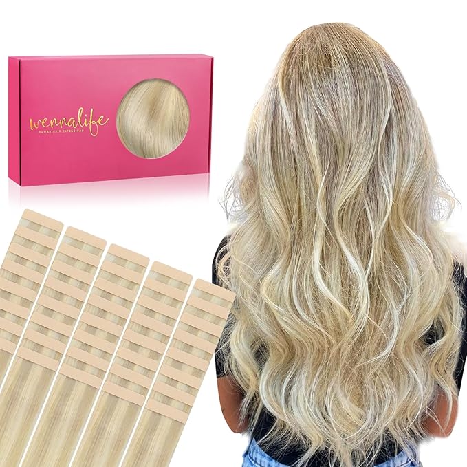 WENNALIFE Tape in Hair Extensions Human Hair, 40pcs 100g 24 inch Ombre Ash Blonde to Golden Blonde Balayage Platinum Blonde Hair Extensions Real Human Hair Invisible Straight Tape in Extensions