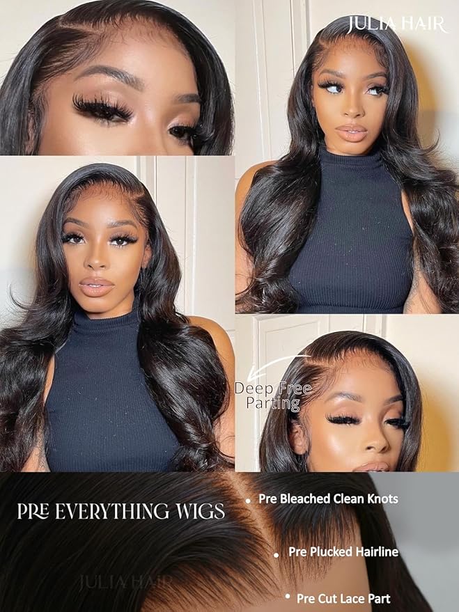 Julia Hair Body Wave Glueless 13x4 Lace Front Wigs Human Hair 12A Pre Cut Lace Frontal Wig Pre Bleached Bye Bye Knots Pre Everything Put on and Go 180% Density Fast Wear Wigs Natural Color 22 Inch