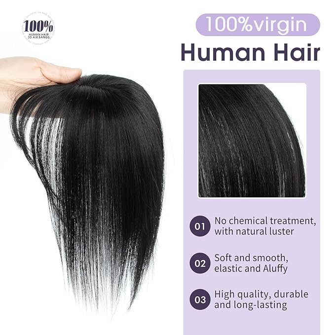 Jet Black Real Human Hair Topper with Bangs Covers Thinning Crown, Receding Hairline for Women 10inch Clip-In Hair Topper for Thinning Hair