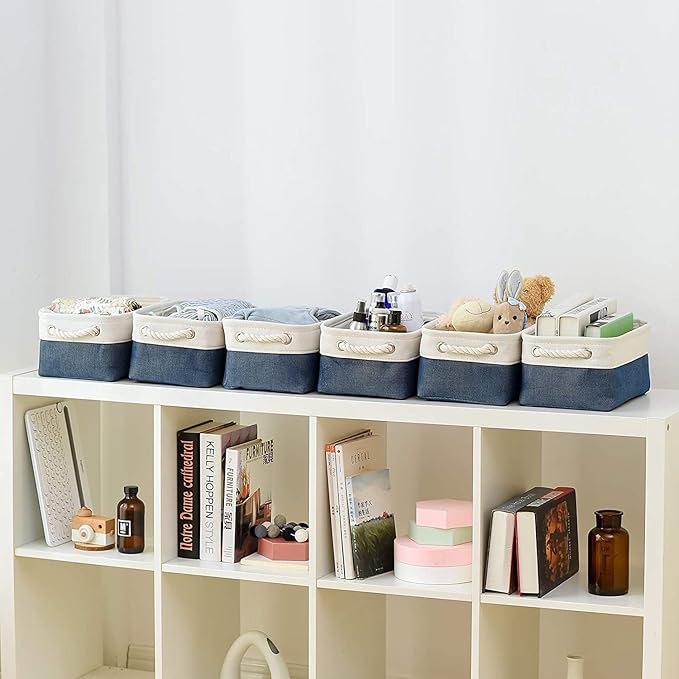 TheWarmHome Storage Basket for Organizing - Small 12x8x5.2 inch 6 Pack Collapsible Storage Bin for Shelves, Canves Storage Cubes for Organizer Cloth Box Gift Toys Closet (White & Jean Blue)