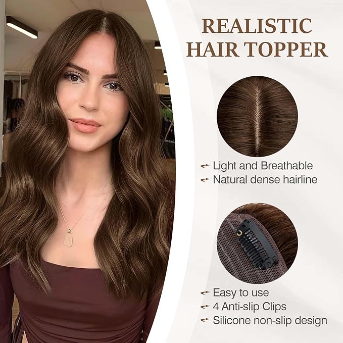 Rich Choices Hair Toppers for Women Real Human Hair 100% Human Remy Toppers NO Bangs for Women with Thinning on Top Clip in Hairpiece 4"x4.7"Lace Base 8 Inch #4 Medium Brown