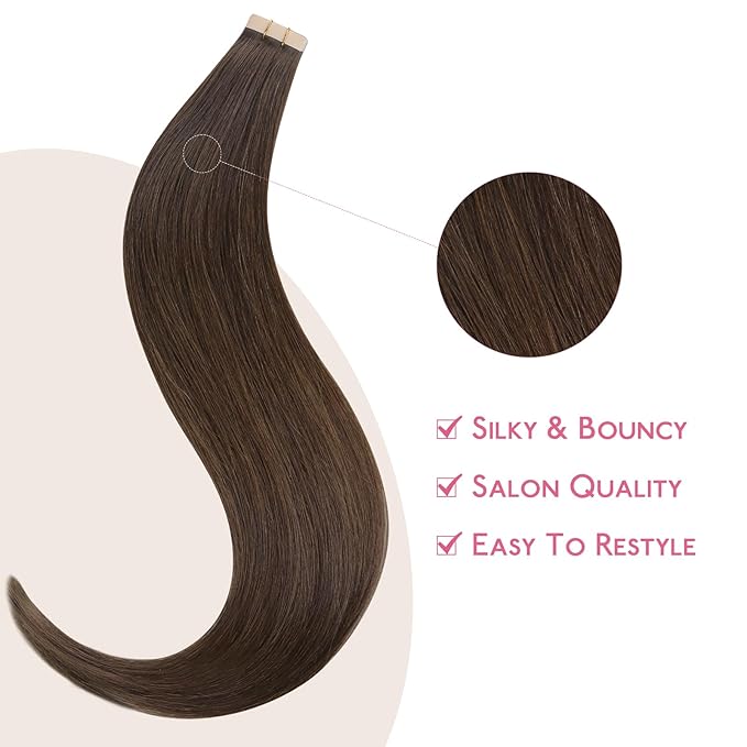 WENNALIFE Tape in Hair Extensions Human Hair Chocolate Brown Tape in Extensions, 10pcs 25g 18 inch Remy Invisible Tape Ins Straight Soft Real Human Hair Tape in Extensions Refill Set Extensions