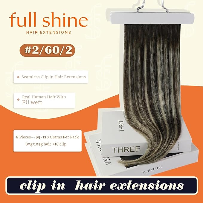 Full Shine Invisible Clip in Hair Extensions 20 Inch Seamless Hair Extension Dark Brown with Platinum Blonde Human Hair Extensions for Long Hair 8 PCS 120 G
