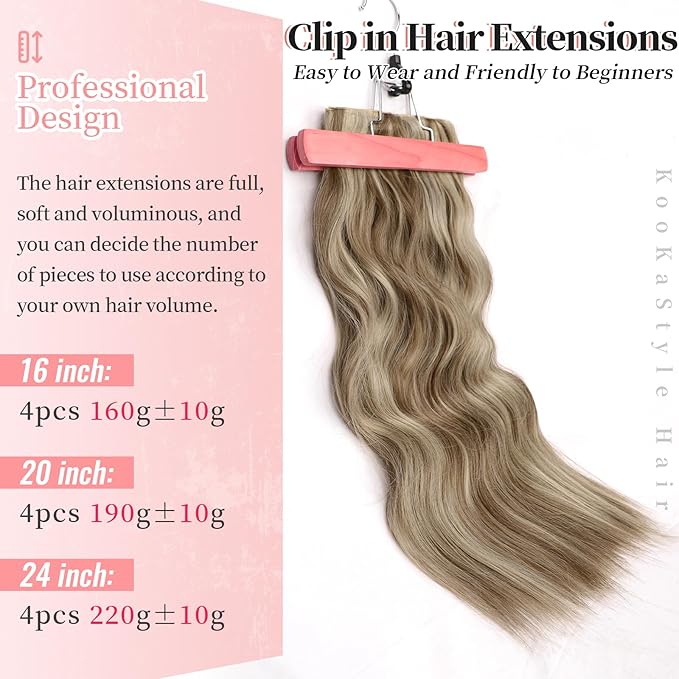 KooKaStyle Clip in Synthetic Hair Extensions Long Wavy 4PCS Thick Hairpieces Ash Blonde Balayage Fiber Double Weft Natural Hair Extensions 20 Inch for Women