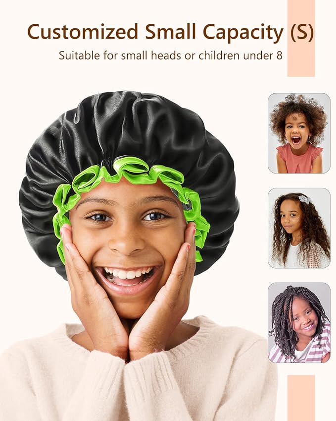 mikimini Black Small Shower Cap for Child 1 Pack, Double Layers Waterproof Bathing Hair Cap with Reusable Soft Comfortable PEVA Lining, Cute, non-fading & Stretchy Shower Hat