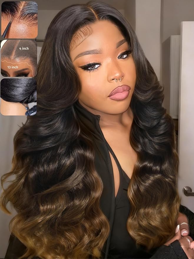 KLAIYI Ombre Brown Loose Body Wave 13x4Pre Everything Lace Frontal Chestnut Brown Drawstring Wig with Face Framing Layers Precut Lace Pre Plucked Bleached Bye Bye Knots Ready to Wear and Go Wig 16Inch