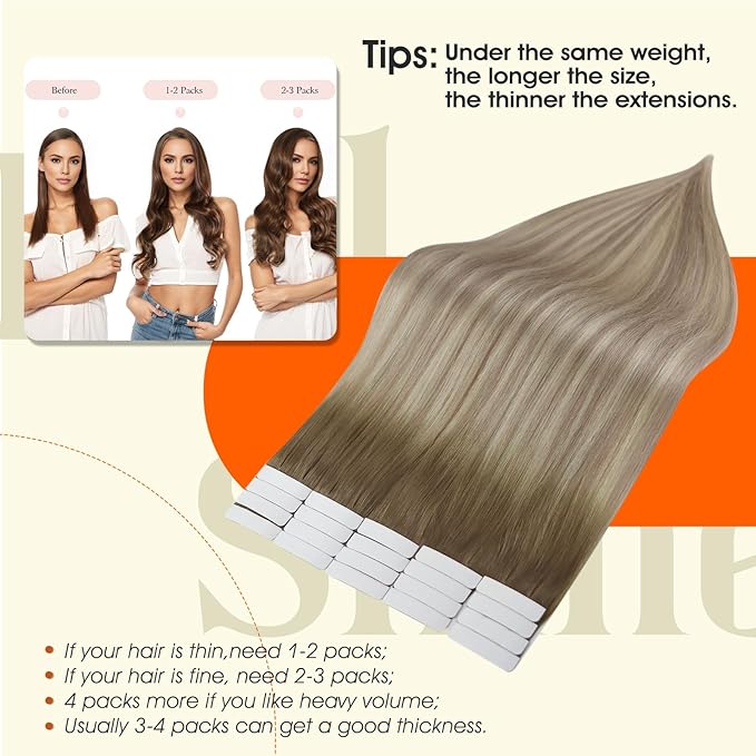 Full Shine Blonde Tape in Hair Extensions Real Human Hair Color 8/60/18 Balayage Ash Brown Ombre Ash Blonde and Platinum Blonde Seamless Invisible Hair Extension 22Inch Tape Extensions 20Pcs Remy 50G