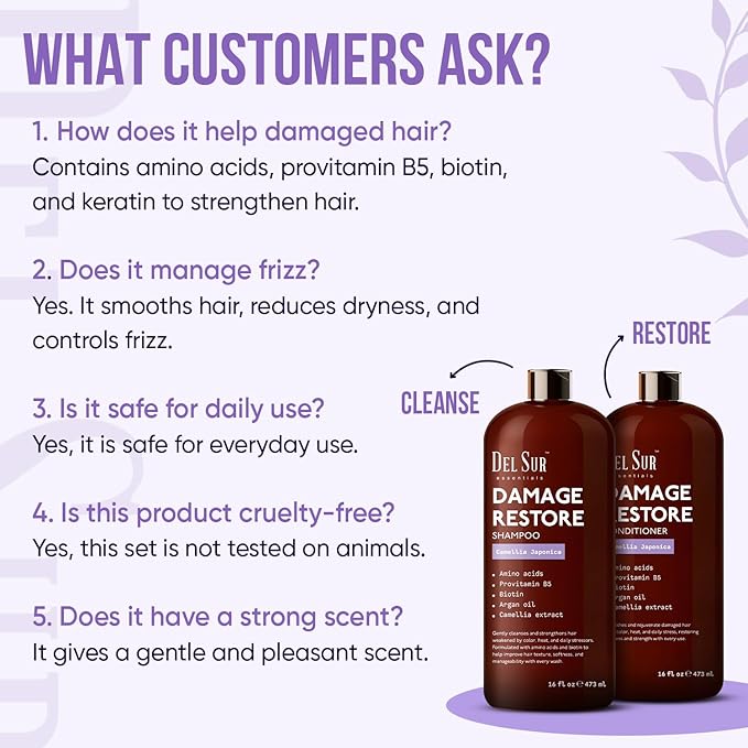 DEL SUR Hair Repair Shampoo and Conditioner Set | 16 fl oz Each | with Camellia Japonica, Amino Acids, Biotin & Argan Oil | Moisturizing Strength & Damage Repair for Dry, Damaged Hair