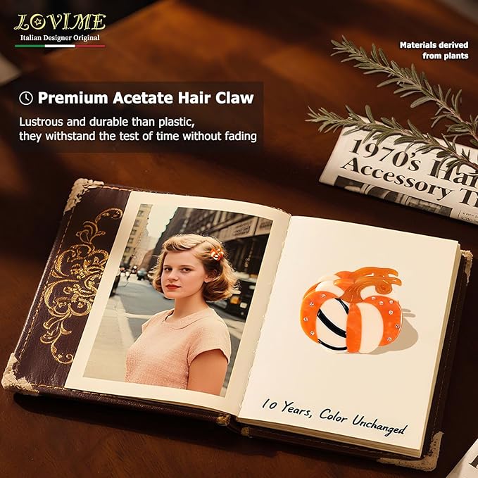 Original Italian Designed Mini Hair Claw Clips for Women - Orange Pumpkin, Handmade Vintage Cute Fall Halloween Hair Accessories, Plant-Based Acetate, Gift Boxed