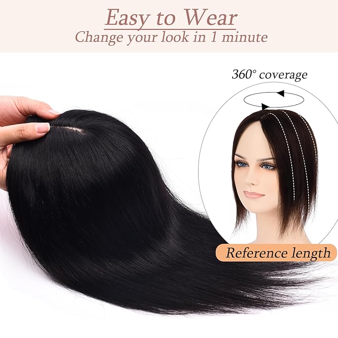 Human Hair Toppers for Women with Thinning Hair Real Human Topper Crown No Bangs 10 Inch #1 Black