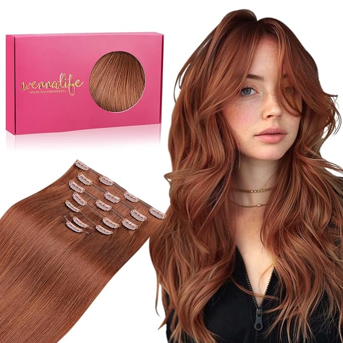 WENNALIFE Clip in Hair Extensions - Real Human Hair, 22 Inch 120g 7pcs, Dark Auburn Copper Remy Human Hair Clip Ins