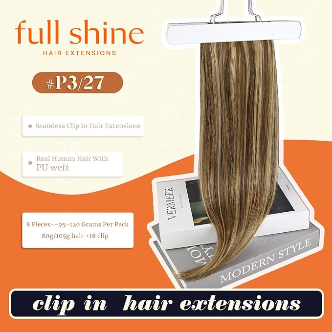 Full Shine Clip in Hair Extensions Human Hair 22 Inch Blonde with Brown Highlights Seamless Clip in Hair Extensions Add Volume for Women Softness 8 PCS 120 G