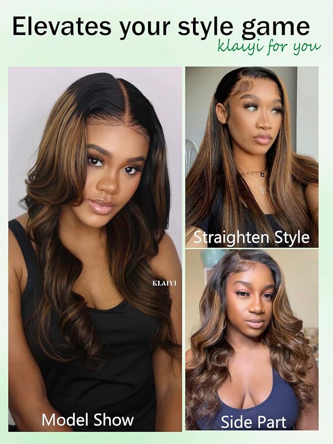 KLAIYI Ombre Brown Body Wave Lace Front Wigs Human Hair Highlight Balayage 13x4x1 T Part Ear to Ear Lace Wig Pre Plucked with Baby Hair Easy to Wear and Go Wigs for Black Women Natural Hairline 24Inch